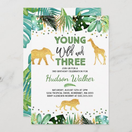 Young Wild And Three Birthday Invitation Jungle
