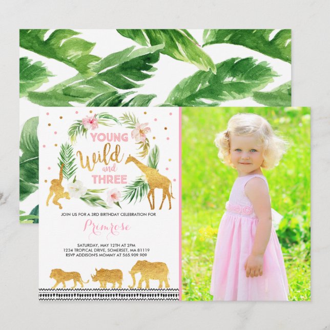 Young Wild And Three Birthday Invitation Jungle (Front/Back)