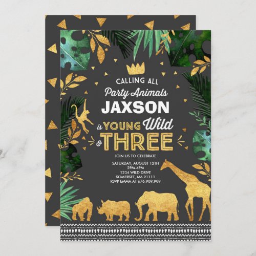 Young Wild And Three Birthday Invitation Jungle