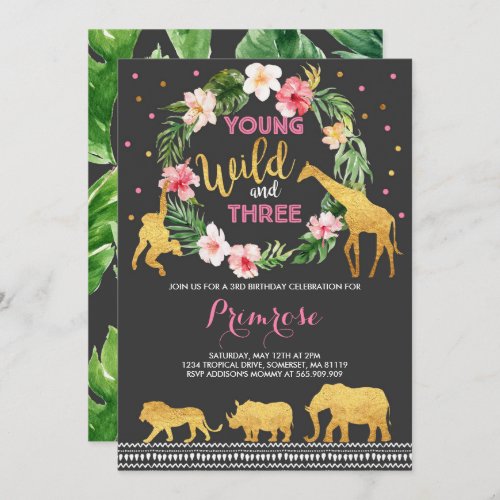 Young Wild And Three Birthday Invitation Jungle