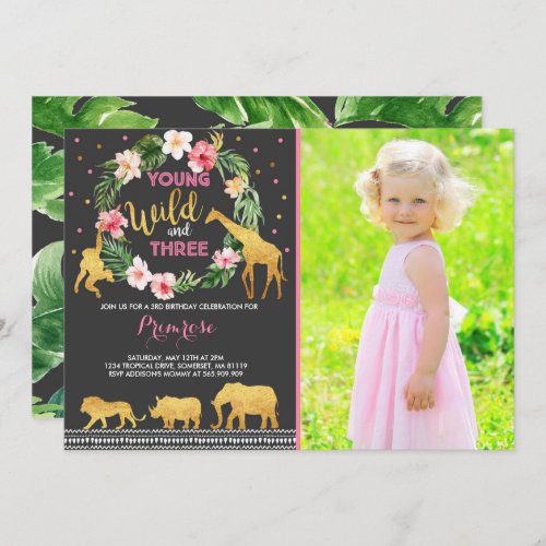 Young Wild And Three Birthday Invitation Jungle