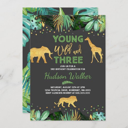 Young Wild And Three Birthday Invitation Jungle