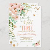 Young Wild and Three Birthday Invite Floral Pink (Front/Back)
