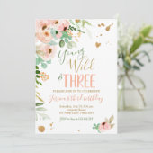 Young Wild and Three Birthday Invite Floral Pink (Standing Front)
