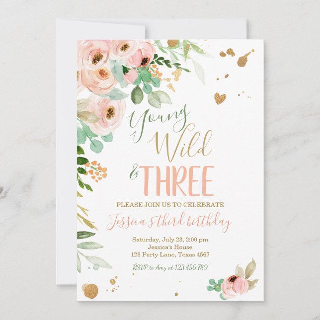 Young Wild and Three Birthday Invite Floral Pink (Front)