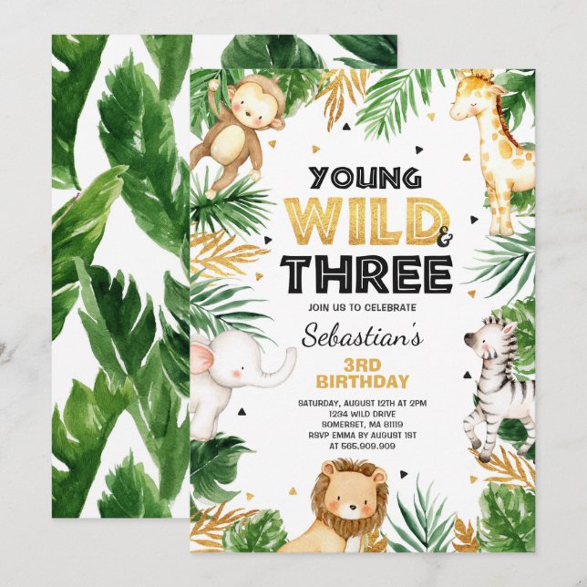 Young Wild And Three Birthday Invite Safari Party (Front/Back)