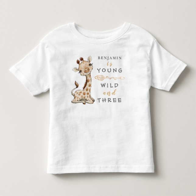 Young Wild and Three Birthday Jungle Baby T-Shirt (Front)