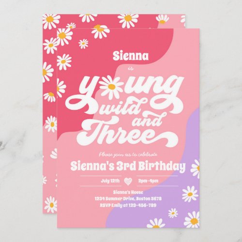 Young Wild And Three Birthday Party Boho Daisy Invitation