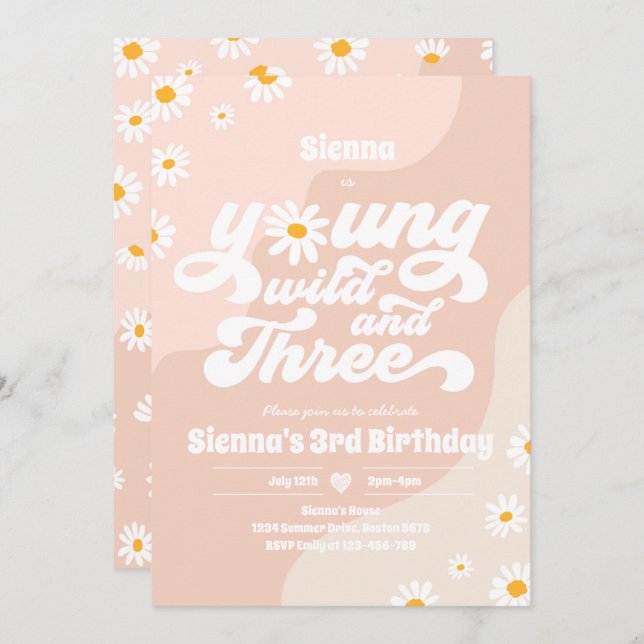 Young Wild And Three Birthday Party Boho Daisy Invitation (Front/Back)
