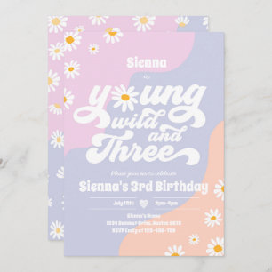 Young Wild And Three Birthday Party Boho Daisy Invitation