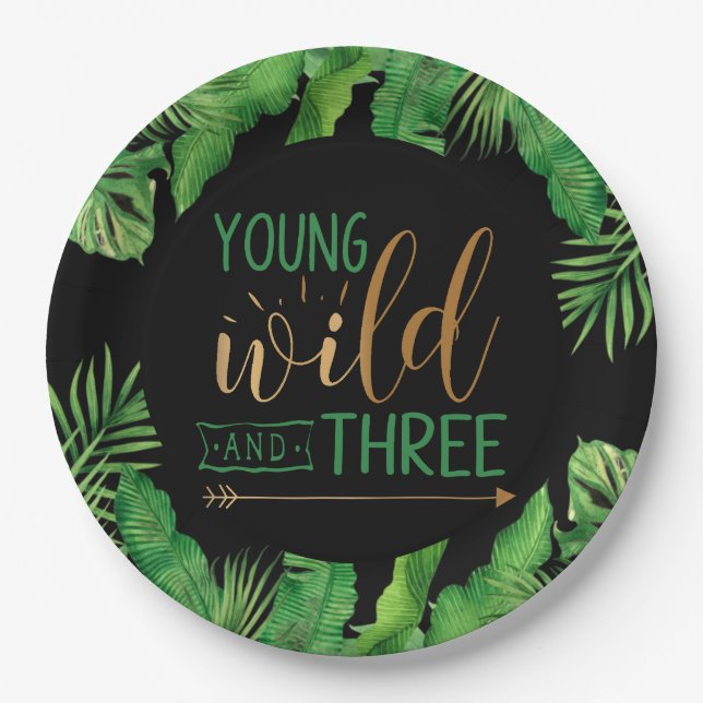 Young, Wild and Three Birthday Party Invitation Paper Plates (Front)