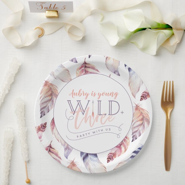 Young, wild and three birthday party paper plates (Wedding)