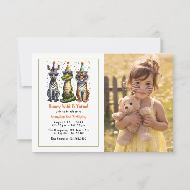 Young Wild and Three Birthday Party Photo Invitation (Front)