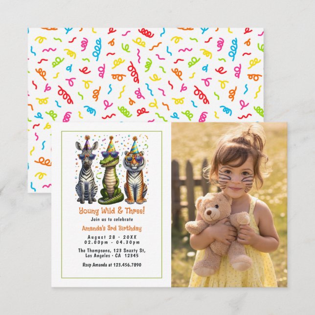 Young Wild and Three Birthday Party Photo Invitation (Front/Back)