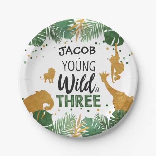 Young Wild and Three birthday Safari Animals Boy Paper Plates