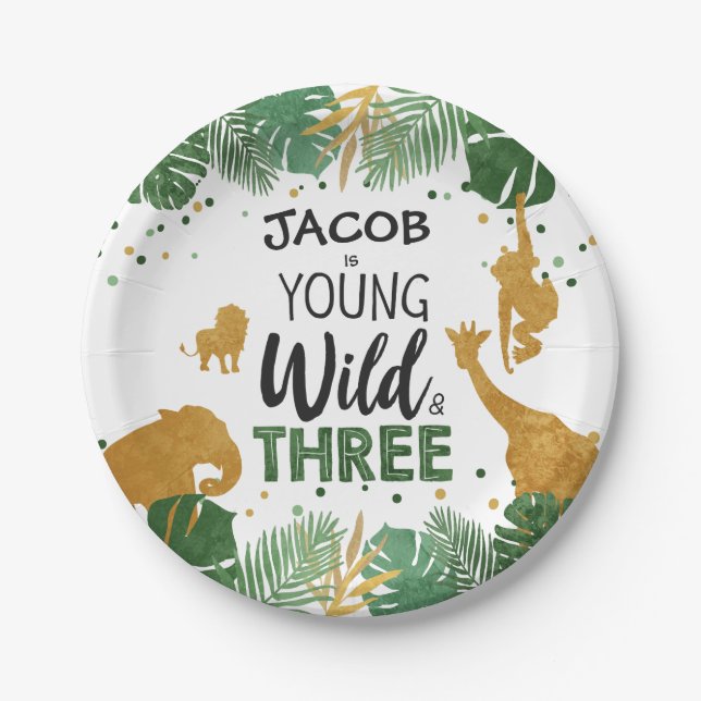Young Wild and Three birthday Safari Animals Boy Paper Plates (Front)