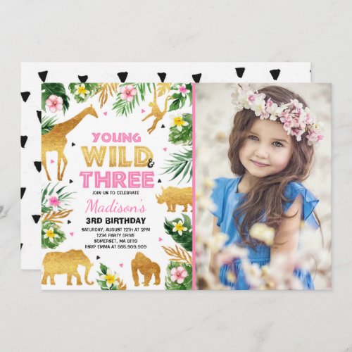 Young Wild And Three Birthday Safari Animals Invitation