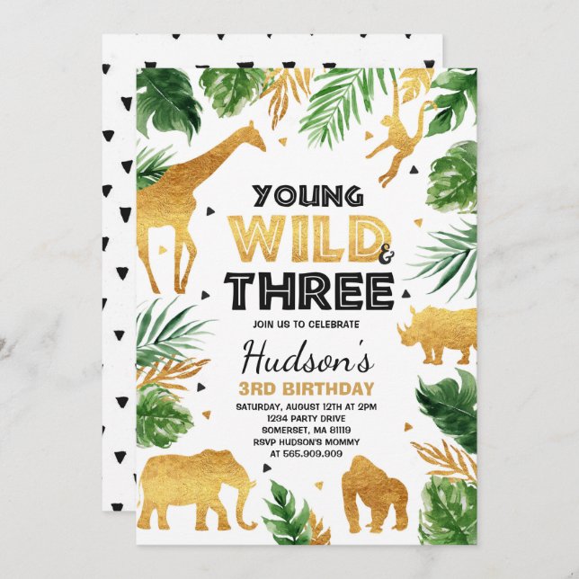 Young Wild And Three Birthday Safari Animals Invitation (Front/Back)