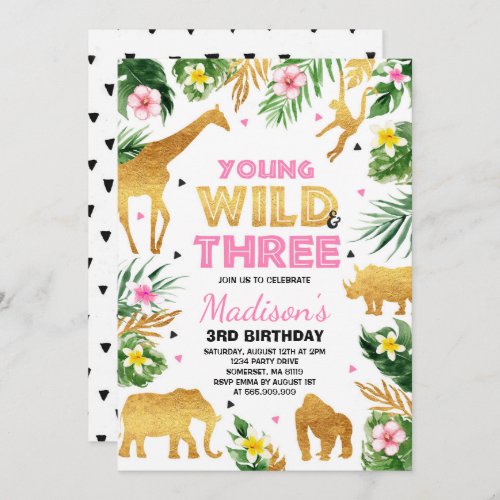 Young Wild And Three Birthday Safari Animals Invitation