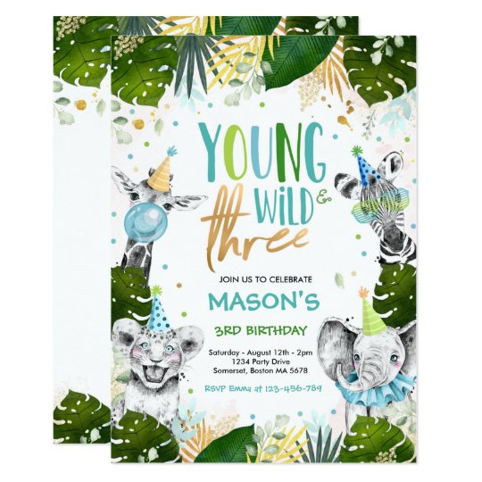 Young Wild And Three Birthday Safari Animals Party Invitation | Zazzle.com