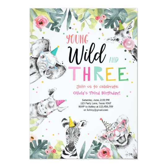 Young Wild and Three Birthday Safari Girl Animals Invitation | Zazzle.com