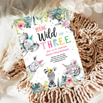 Young Wild And Three Birthday Safari Girl Animals Invitation by Anietillustration at Zazzle