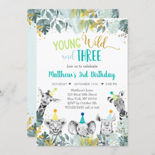 Young Wild And Three Blue Party Animal Birthday Invitation