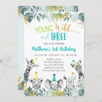 Young Wild And Three Blue Party Animal Birthday Invitation