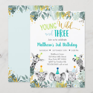 Young Wild And Three Blue Party Animal Birthday Invitation