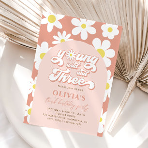 Young Wild And Three Boho Daisy 3rd Birthday Invitation