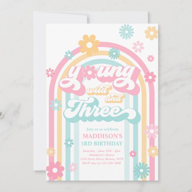 Young Wild And Three Boho Daisy Rainbow Birthday Invitation (Front)