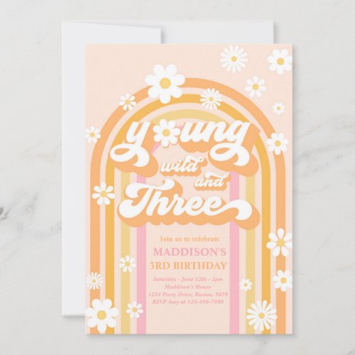 Young Wild And Three Boho Daisy Rainbow Birthday Invitation