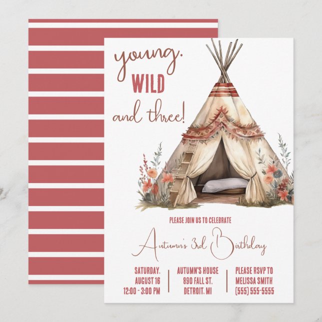 Young, Wild, and Three! Boho TeePee Birthday Party Invitation (Front/Back)
