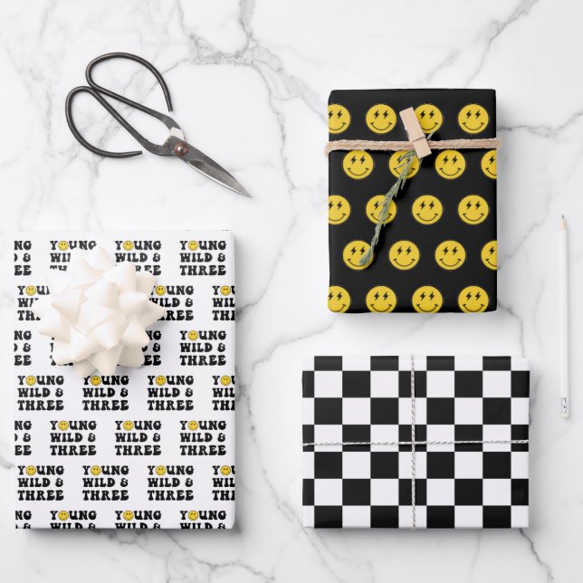 Young Wild and Three Boy 3rd Birthday Party Wrapping Paper Sheets (Front)