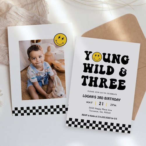 Young Wild and Three Boy 3rd Birthday Photo Invitation