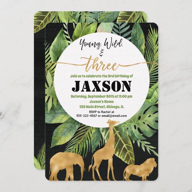 Young wild and three boy birthday invitation gold (Front/Back)