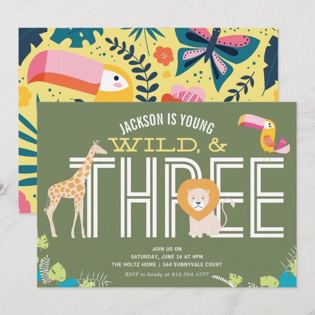Young, Wild, and Three Boy Birthday Invitations (Front/Back)