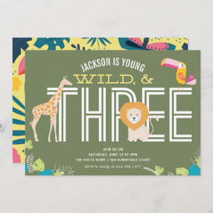 Young, Wild, and Three Boy Birthday Invitations