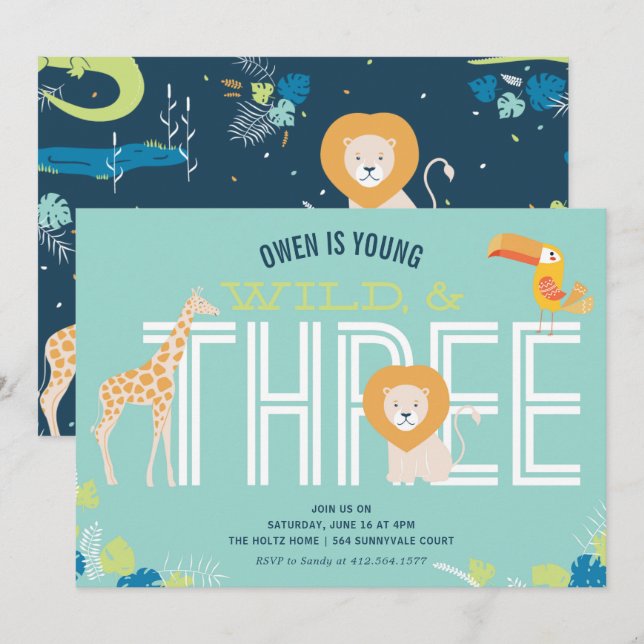 Young, Wild, and Three Boy Birthday Invitations (Front/Back)