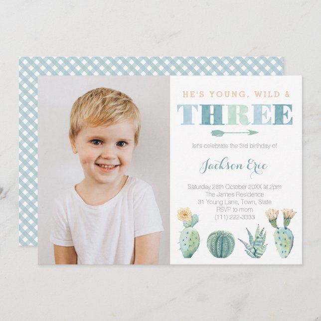 Young Wild and THREE Cacti 3rd Birthday Boy Invitation (Front/Back)