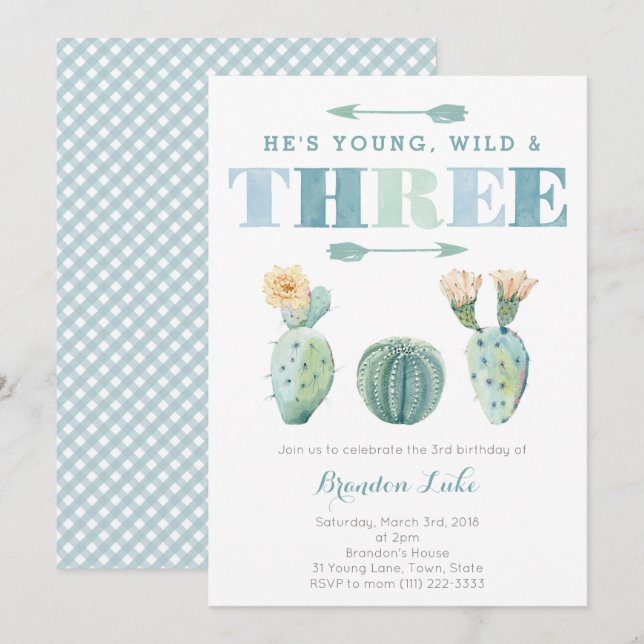 Young Wild and THREE Cactus 3rd Birthday Party Invitation (Front/Back)