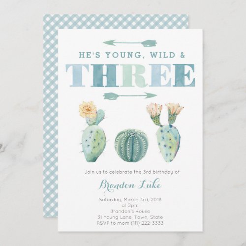 Young Wild and THREE Cactus 3rd Birthday Party Invitation