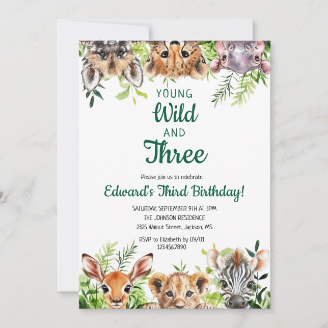 Young Wild And Three Cute Safari Animals Birthday Invitation (Front)