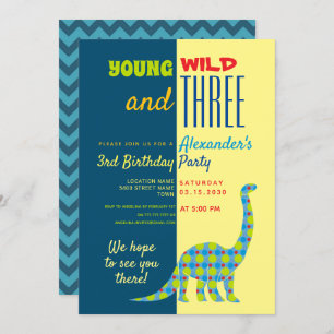 Young Wild and Three Dinosaur 3rd Birthday Invitation