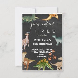 Young Wild and Three Dinosaur Watercolor Birthday Invitation
