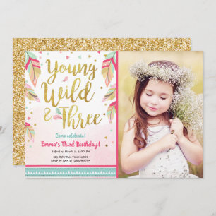 Young Wild and Three Feathers Pink Gold Birthday Invitation