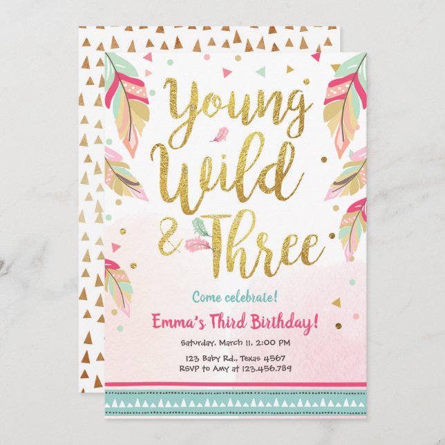 Young Wild and Three Feathers Pink Gold Birthday Invitation (Front/Back)