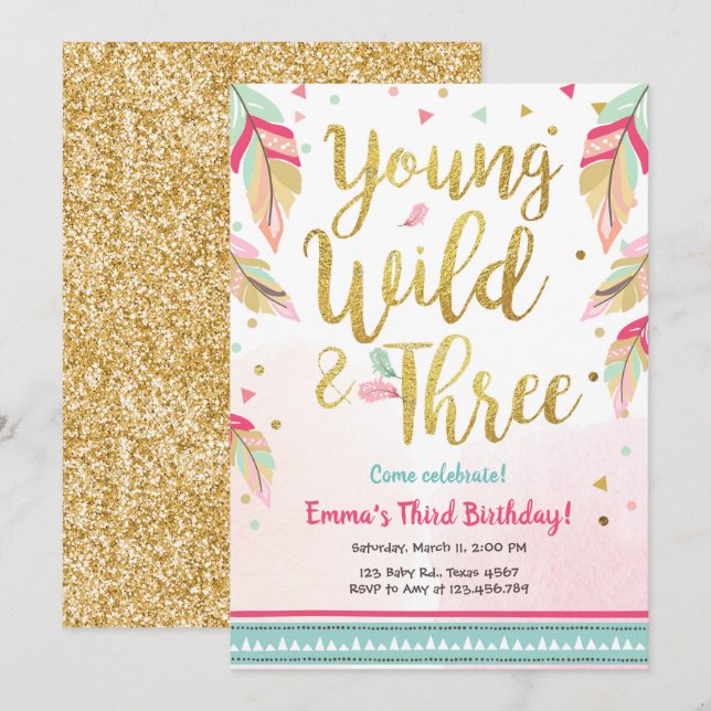 Young Wild and Three Feathers Pink Gold Birthday Invitation (Front/Back)