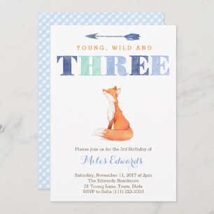Young Wild and Three Fox 3rd Birthday Party Cards