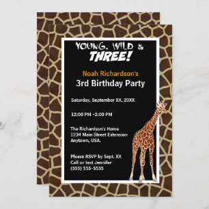 Young Wild and Three Giraffe Safari Birthday Party Invitation